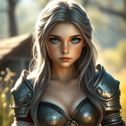 A beautiful, realistic portrait of an innocent and shy European girl embodying a sun cleric healer