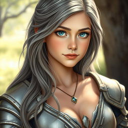 A beautiful, realistic portrait of an innocent and shy European girl embodying a sun cleric healer