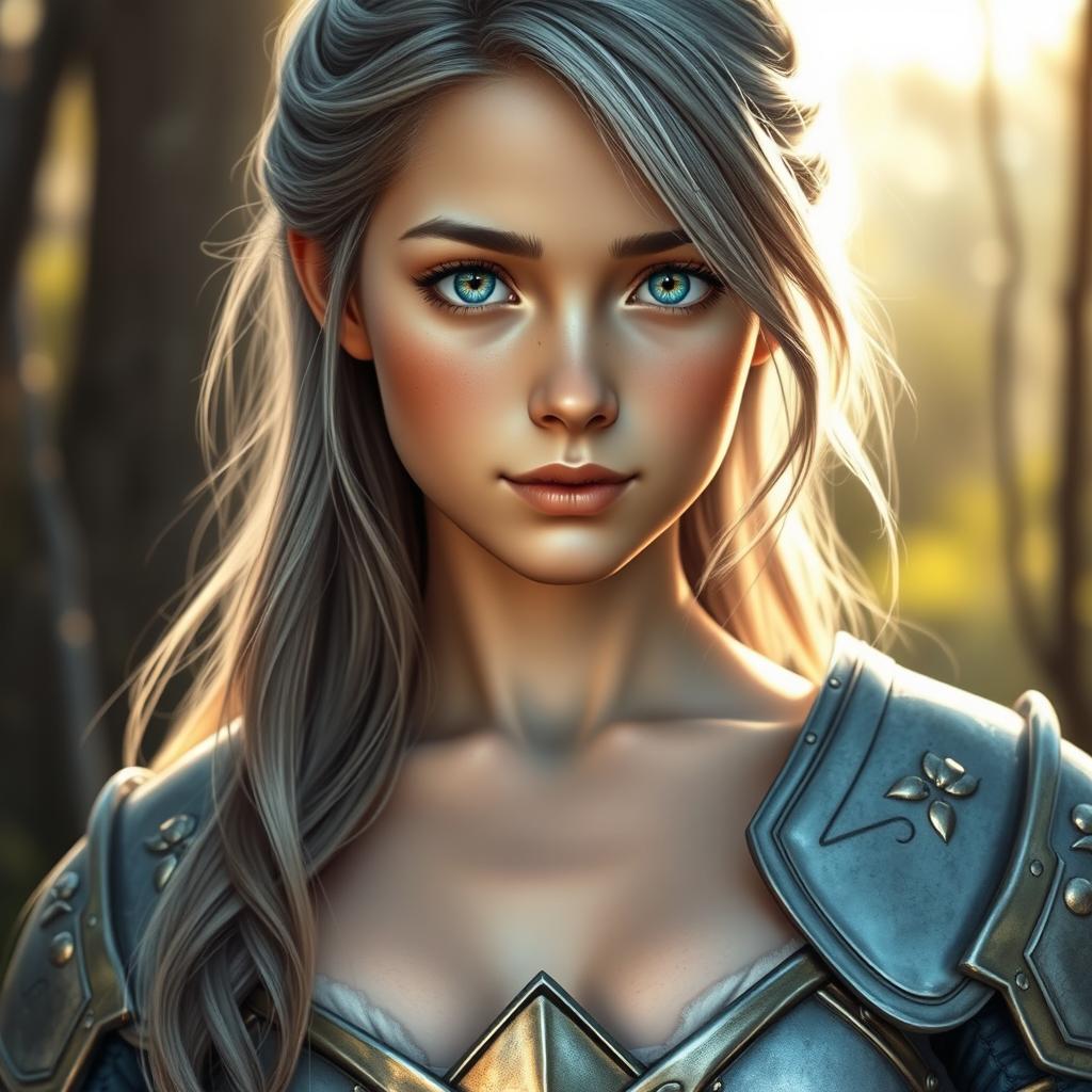 A beautiful, realistic portrait of an innocent and shy European girl embodying a sun cleric healer