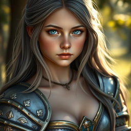 A beautiful, realistic portrait of an innocent and shy European girl embodying a sun cleric healer