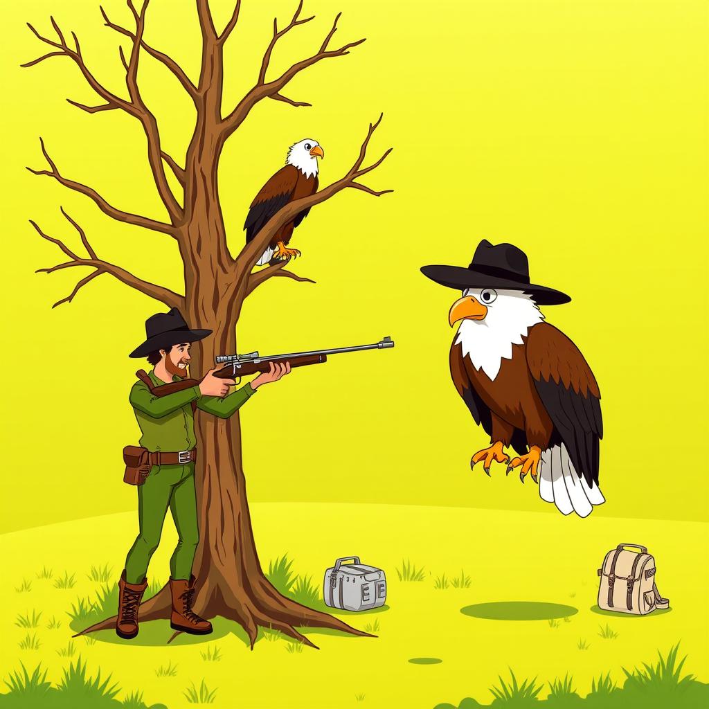 A cartoon scene set in a vibrant green plain featuring a tall, dry tree where a majestic brown eagle with a striking white head is perched