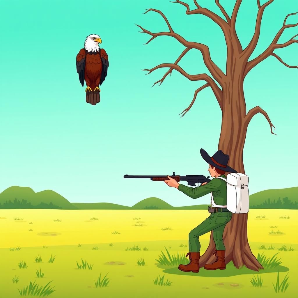 A vibrant cartoon scene set in a lush green plain featuring a tall, dry tree