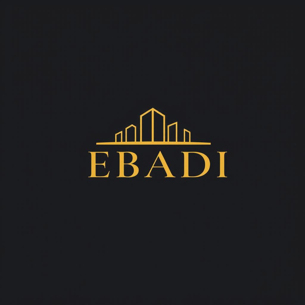 A stylish and modern logo for a building company named 'EBADI', featuring a sophisticated black and gold color scheme
