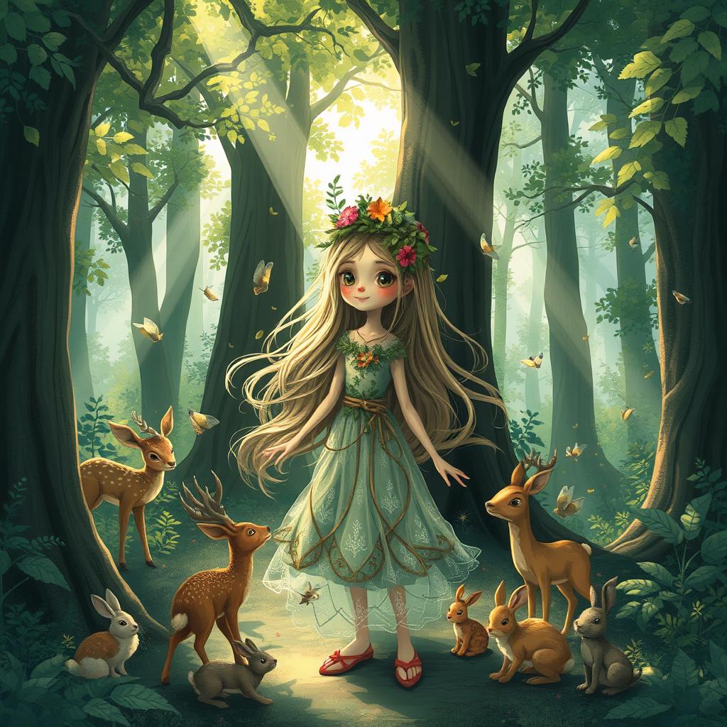 A whimsical forest scene featuring a young woman with long, flowing hair adorned with flowers and leaves, wearing an ethereal dress made of natural elements, surrounded by towering trees and lush greenery