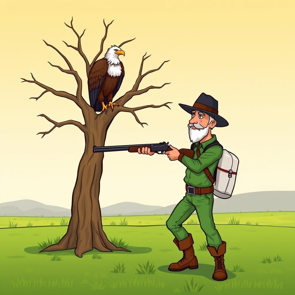 A colorful cartoon scene set in a lush green plain featuring a tall, dry tree where a majestic brown eagle with a distinctive white head is perched