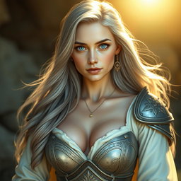 A realistic depiction of an innocent and caring European woman with large breasts, embodying the role of a sun cleric healer