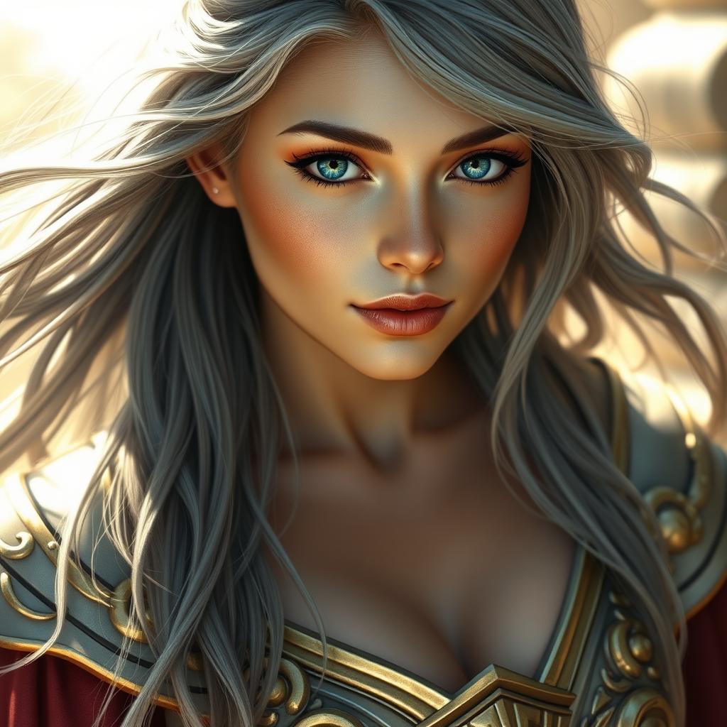 A realistic depiction of an innocent and caring European woman with large breasts, embodying the role of a sun cleric healer