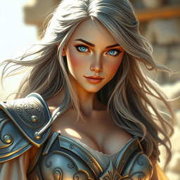 A realistic depiction of an innocent and caring European woman with large breasts, embodying the role of a sun cleric healer