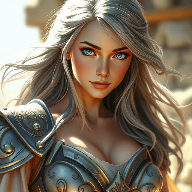 A realistic depiction of an innocent and caring European woman with large breasts, embodying the role of a sun cleric healer