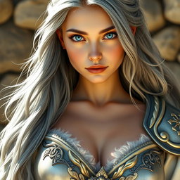 A realistic depiction of an innocent and caring European woman with large breasts, embodying the role of a sun cleric healer