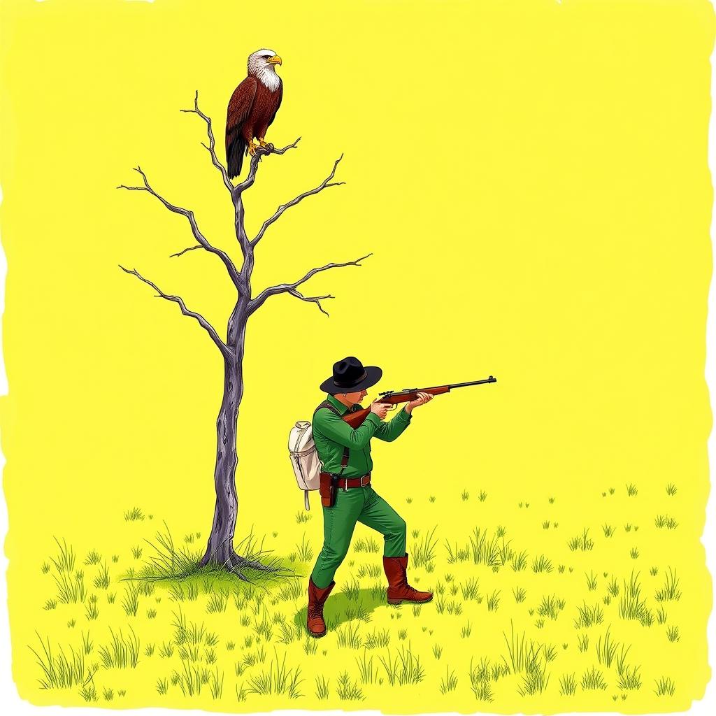 A detailed illustration set in a vibrant green plain, where a tall, dry tree stands prominently