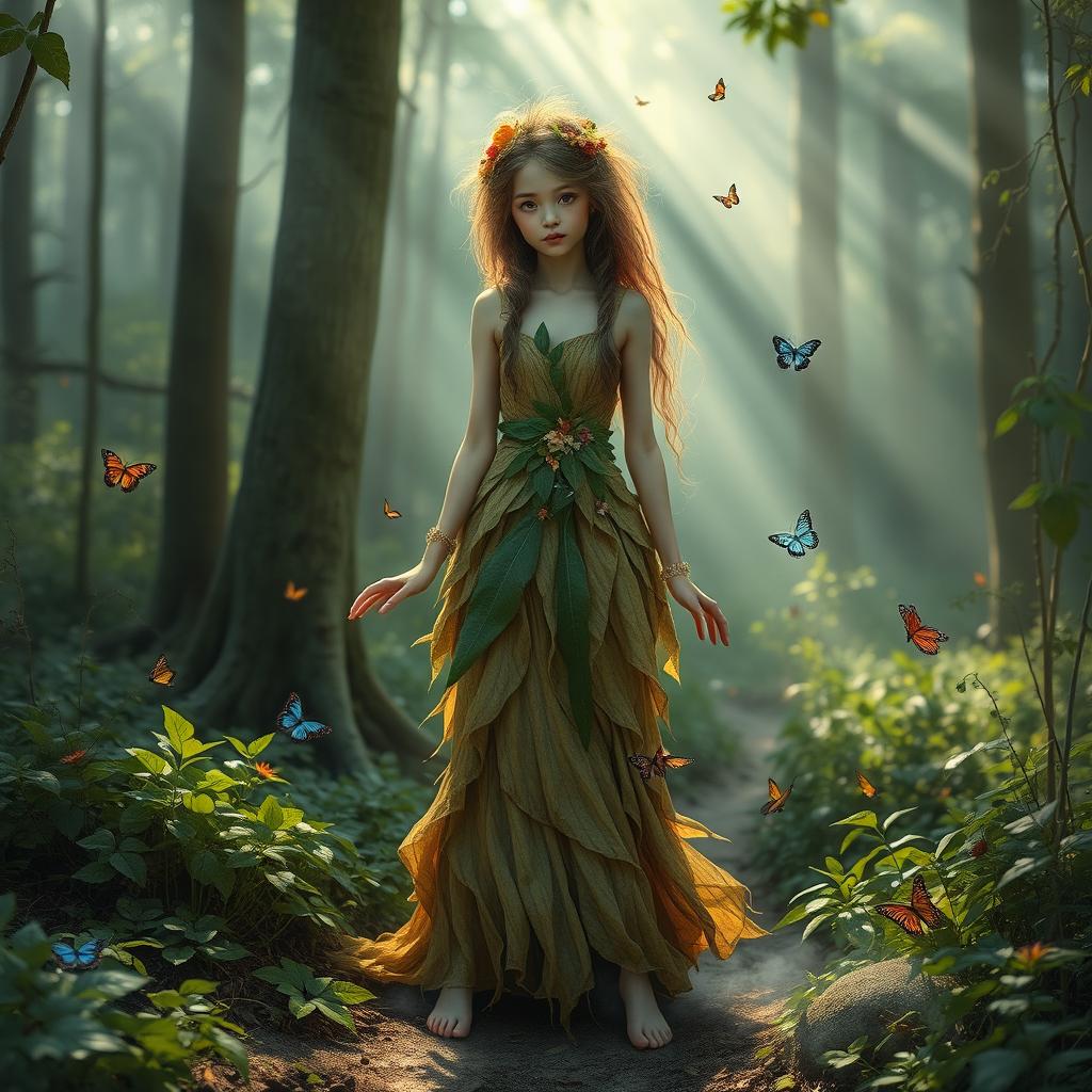 A mystical forest girl standing gracefully among vibrant greenery, adorned with a flowing, earthy-toned dress made of leaves and flowers