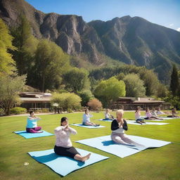 A supportive wellness center nestled in expansive nature, where individuals of extreme sizes are engaged in diverse activities like slow yoga, breathing exercises, therapeutic swimming, alongside supportive staff. Picturesque surroundings with mountain backdrops under a clear sky.