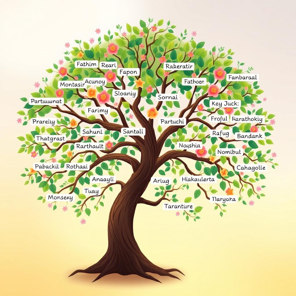 A beautifully illustrated tree showcasing a family or social connection using the names listed: Fahim, Montasir, Supon, Angkon, Sadu, Sristy, Sornali, Faria, Tasnia, Prome, Sejuti, Rahia, Majhi, Montasin, Shoawn, Raju, Roja, Shanto, Imdadul, Safi, Noushin, Keya, Rafa, Samiul, Aditto, Jyonto, Rajesh, Shuvojit, Anoy, Romena, Afia, Ahad, Sakib, Ripon, Rofiq, Siam, Jarir, Mahmudul, and Nirjon