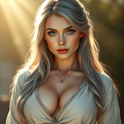 A realistic portrait of an innocent, shy, kind, and caring European sun cleric healer