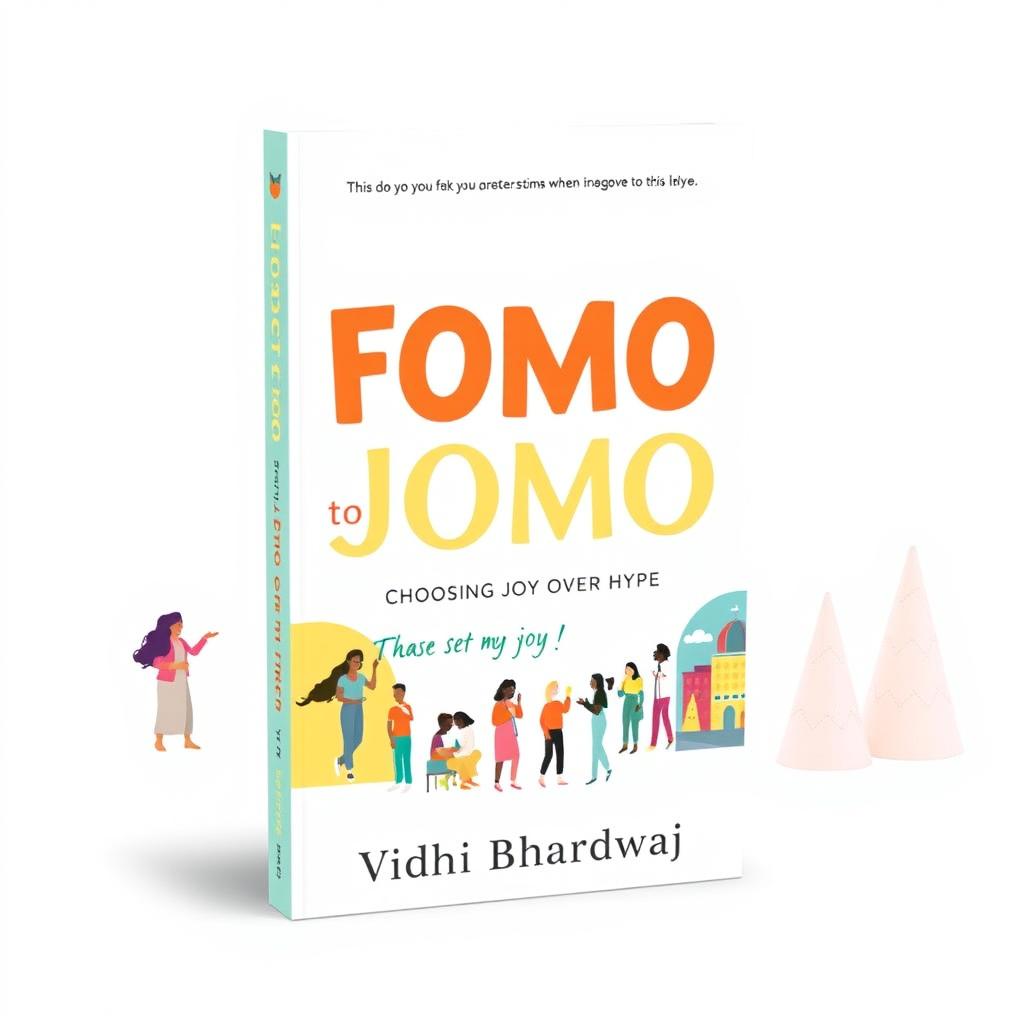 A book cover design for 'Fomo to JOMO: Choosing Joy Over Hype' by Vidhi Bhardwaj
