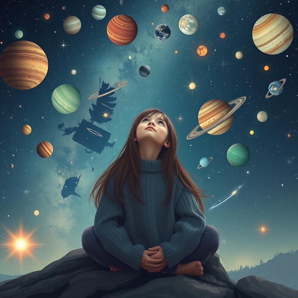 A solitary girl sitting on a rocky surface, gazing up at a magnificent starry night sky filled with numerous colorful planets such as red, blue, and green, each with unique textures and rings