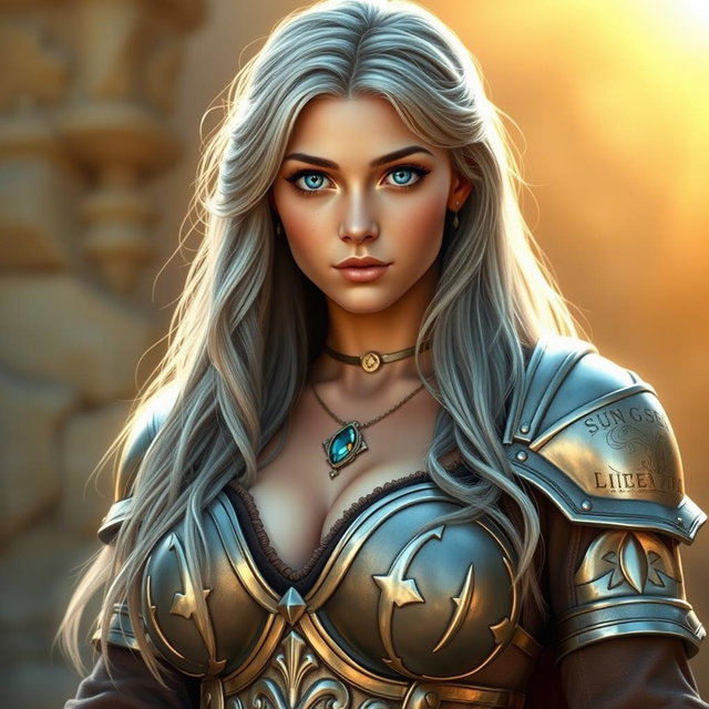 A realistic portrayal of an innocent, shy, kind, and caring European busty girl depicted as a sun cleric healer