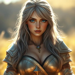 A realistic portrayal of an innocent, shy, kind, and caring European busty girl depicted as a sun cleric healer