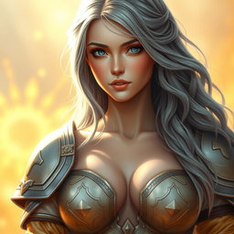 A realistic portrayal of an innocent, shy, kind, and caring European busty girl depicted as a sun cleric healer