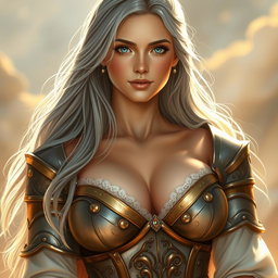 A realistic portrayal of an innocent, shy, kind, and caring European busty girl depicted as a sun cleric healer