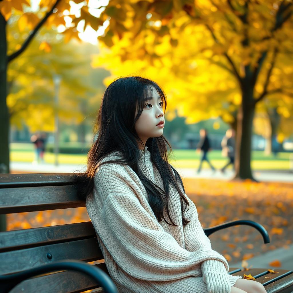 A solitary girl sitting on a park bench, gazing thoughtfully into the distance with a subtle expression of longing on her face