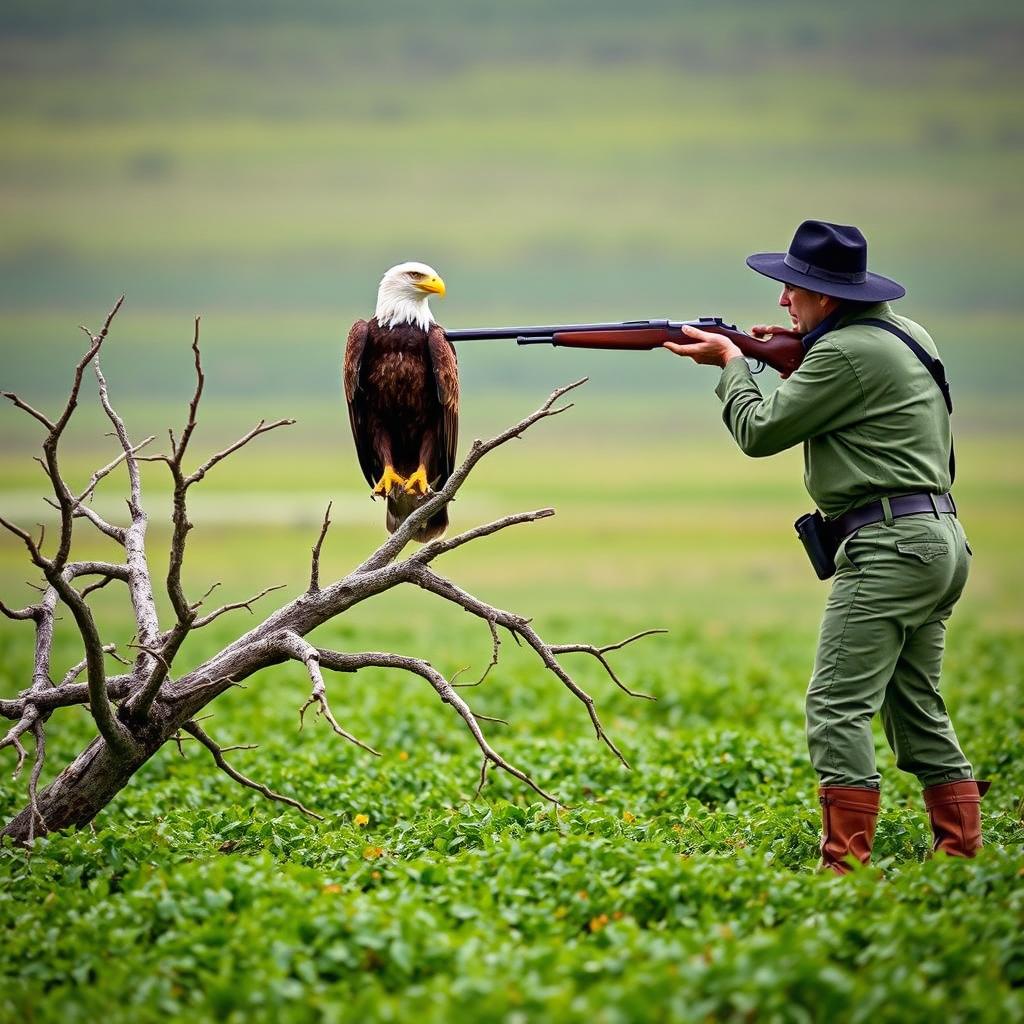 A dramatic scene in a vibrant green plain, where a hunter is aiming his rifle at a magnificent brown eagle perched on a dead tree