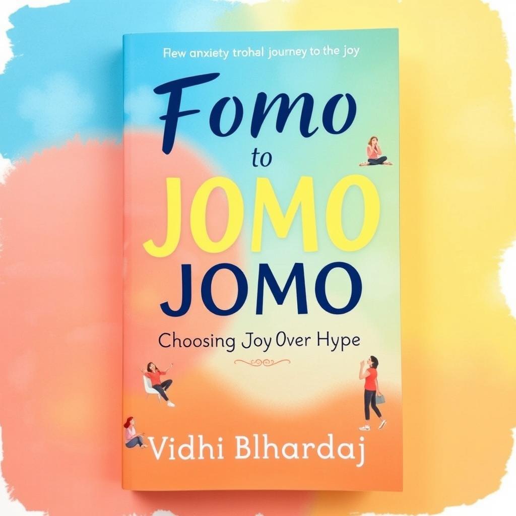A visually appealing book cover for 'Fomo to JOMO: Choosing Joy Over Hype' by Vidhi Bhardwaj