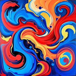 A vibrant abstract painting titled 'Harmony in Chaos', featuring swirling colors of blue, red, and gold