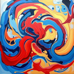 A vibrant abstract painting titled 'Harmony in Chaos', featuring swirling colors of blue, red, and gold