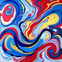 A vibrant abstract painting titled 'Harmony in Chaos', featuring swirling colors of blue, red, and gold