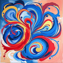A vibrant abstract painting titled 'Harmony in Chaos', featuring swirling colors of blue, red, and gold