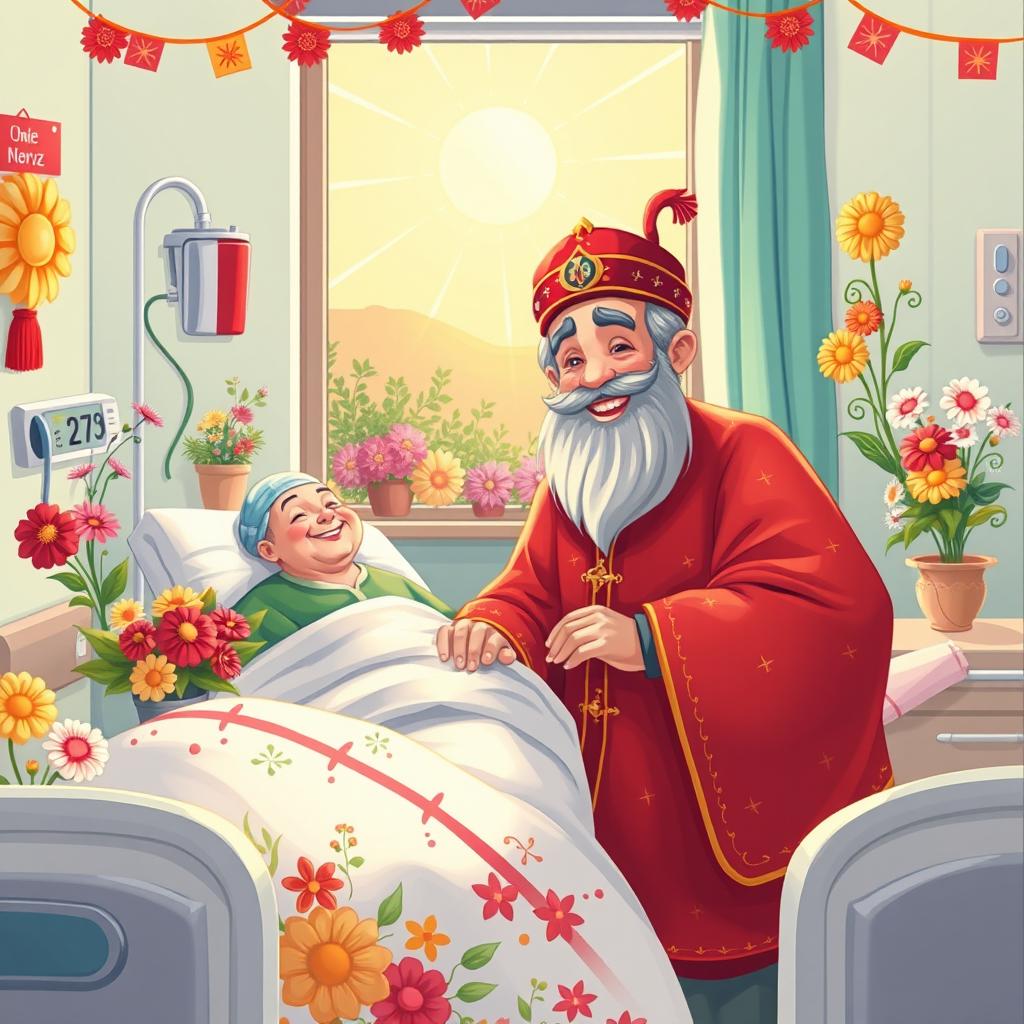 A vibrant and colorful illustration of Hajji Firuz visiting Uncle Nowruz in a hospital room adorned with festive decorations celebrating Nowruz