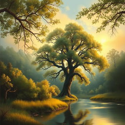 A serene landscape titled 'Whispers of Nature', depicting a peaceful forest scene at dawn
