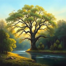 A serene landscape titled 'Whispers of Nature', depicting a peaceful forest scene at dawn