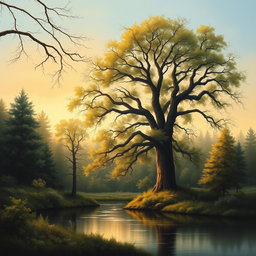 A serene landscape titled 'Whispers of Nature', depicting a peaceful forest scene at dawn