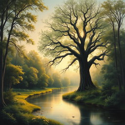 A serene landscape titled 'Whispers of Nature', depicting a peaceful forest scene at dawn
