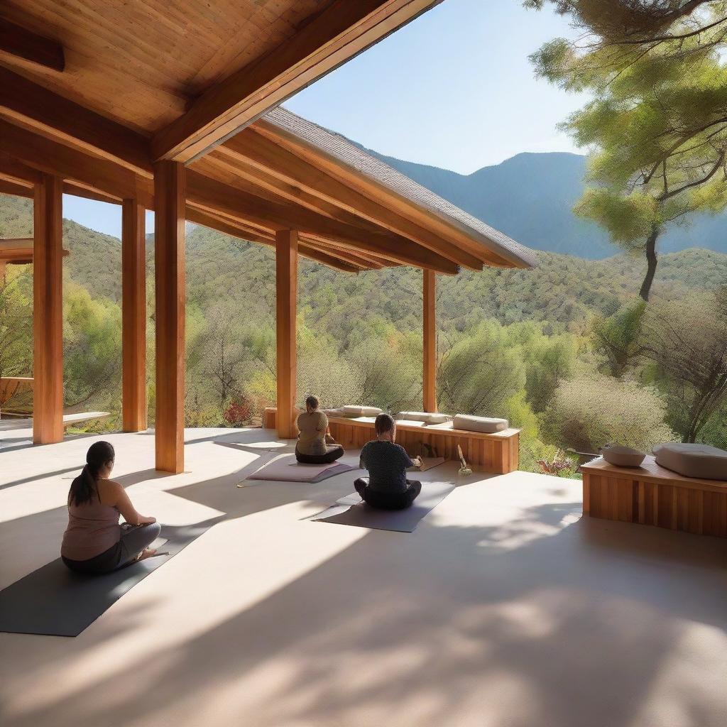 A supportive wellness center nestled in expansive nature, where individuals of extreme sizes are engaged in diverse activities like slow yoga, breathing exercises, therapeutic swimming, alongside supportive staff. Picturesque surroundings with mountain backdrops under a clear sky.