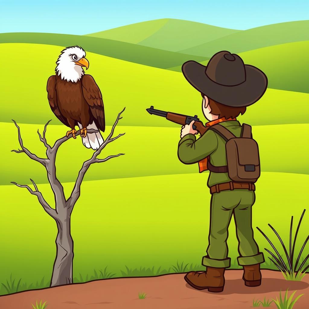 A whimsical cartoon scene depicting a hunter from a distance, aiming his gun at a majestic eagle perched on a stark dead tree