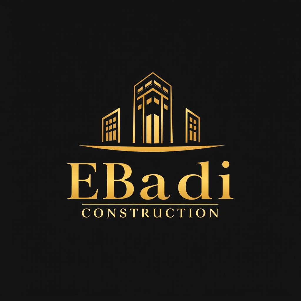 A logo design for 'Ebadi Construction', featuring a luxurious color scheme of black and gold