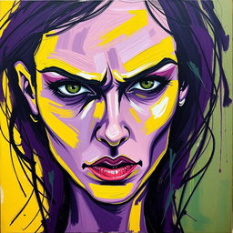 A captivating expressionist portrait titled 'Fragments of Emotion', showcasing a woman with an intense gaze and abstract features