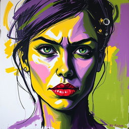 A captivating expressionist portrait titled 'Fragments of Emotion', showcasing a woman with an intense gaze and abstract features