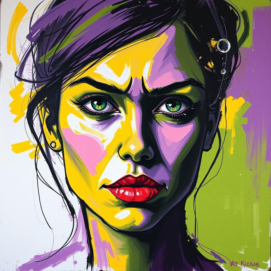 A captivating expressionist portrait titled 'Fragments of Emotion', showcasing a woman with an intense gaze and abstract features