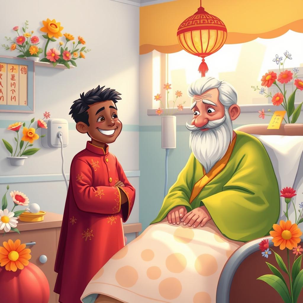 A vibrant and heartwarming illustration of a young, dark-skinned Hajji Firuz visiting the elderly Uncle Nowruz in a hospital room