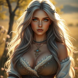 A realistic portrait of an innocent, shy, kind, and caring European female cleric healer