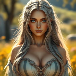 A realistic portrait of an innocent, shy, kind, and caring European female cleric healer