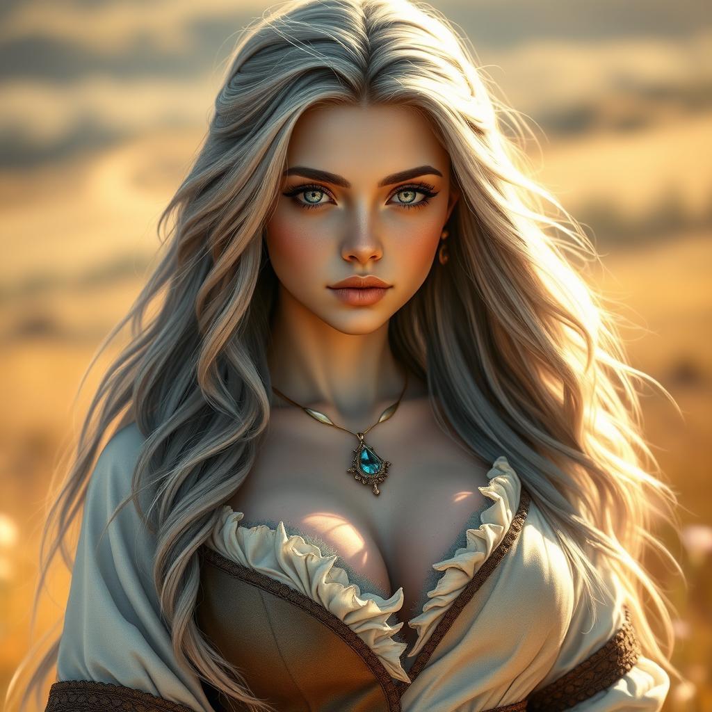 A realistic portrait of an innocent, shy, kind, and caring European female cleric healer