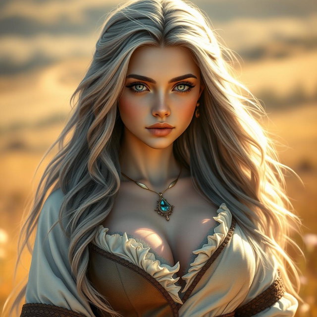 A realistic portrait of an innocent, shy, kind, and caring European female cleric healer