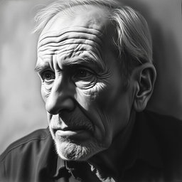 A striking charcoal drawing titled 'Echoes of the Soul', representing a dramatic portrait of an elderly man deep in thought
