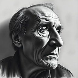 A striking charcoal drawing titled 'Echoes of the Soul', representing a dramatic portrait of an elderly man deep in thought